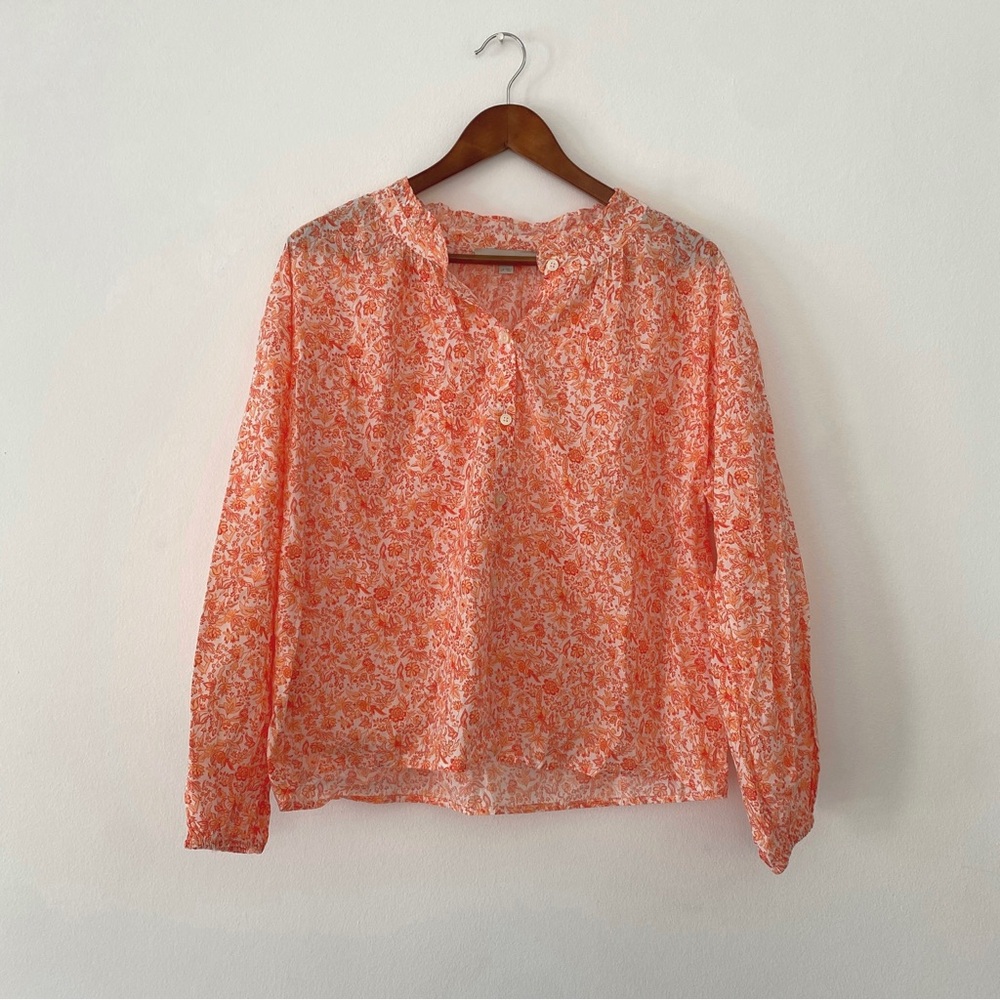 Loft orange floral linen long sleeve spring blouse women’s petite size L